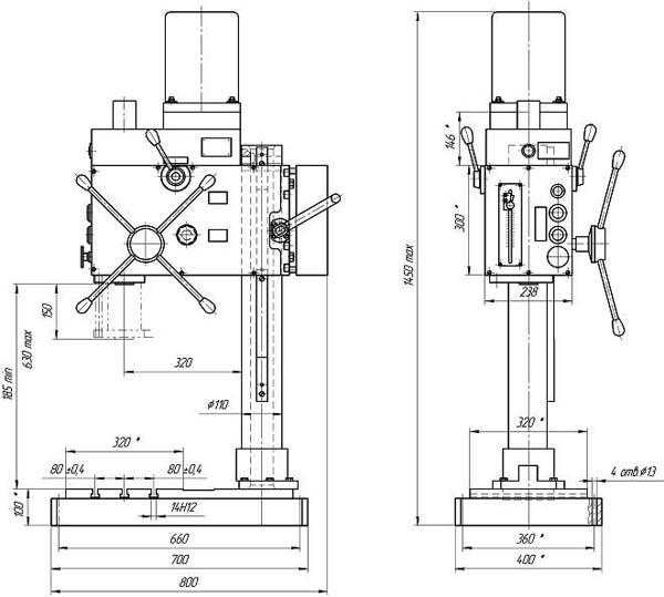 Габарит робочого простору свердлильного верстата 2С125, 2С125-04 2С125, 2С125-04 Габарит робочого простору свердлильного верстата
